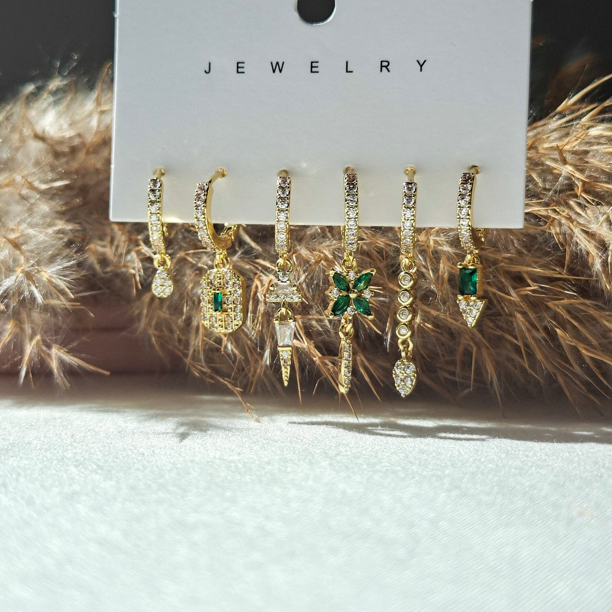 Green Emerald & Zircon Huggie Earrings Set