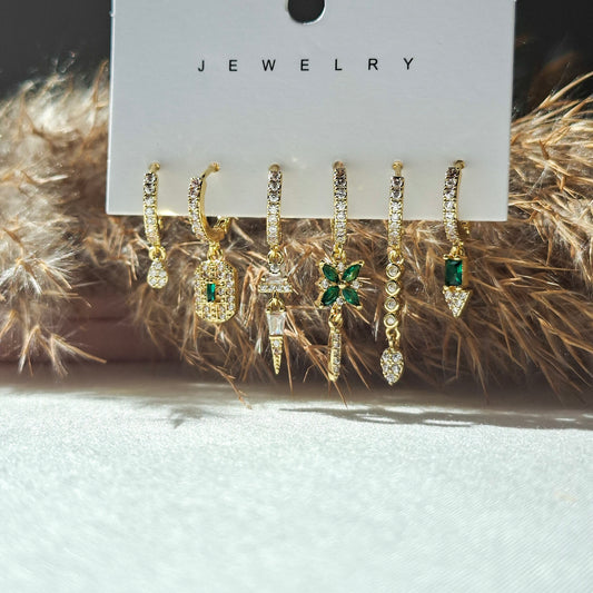 Green Emerald & Zircon Huggie Earrings Set