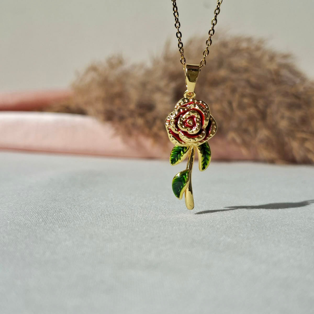 Golden Enamel Red Rose Necklace