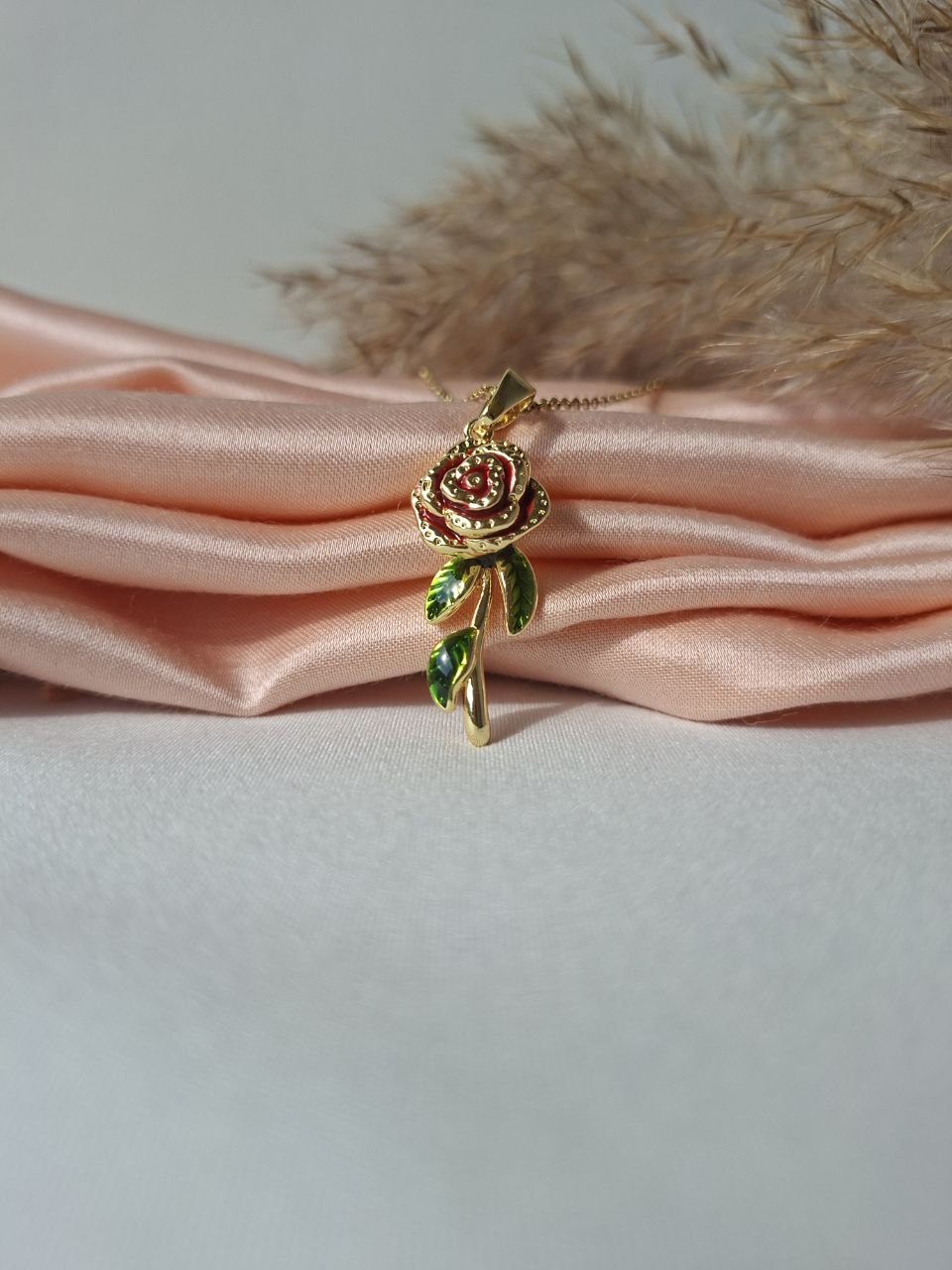 Golden Enamel Red Rose Necklace